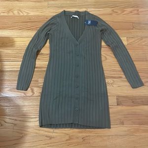 Button Through Deep V Mini Sweater Dress